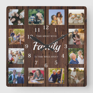 Horloge Carrée Collage de photos de famille Cadeau pour grands-pa