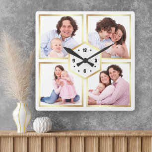 Horloge Carrée Collage de photos de famille de 4 images en blanc
