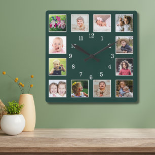 Horloge Carrée Collage de photos de famille minimaliste 12 Vert f