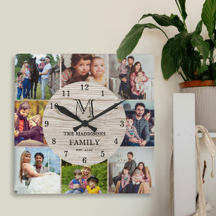 Horloge Carrée Collage de photos de famille Monogramme de ferme r