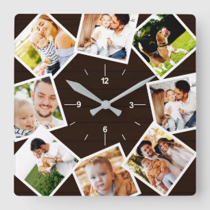 Horloge Carrée Collage de photos de famille Rustique Ferme Maison
