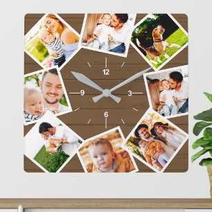 Horloge Carrée Collage de photos de famille Rustique Ferme Maison