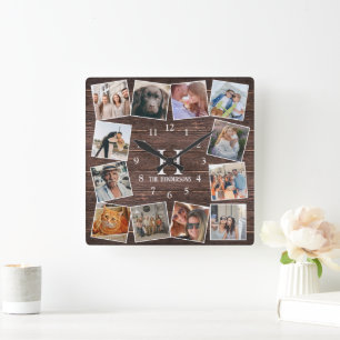 Horloge Carrée Collage de photos en bois rustique Monogramme Crée
