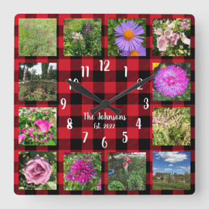 Horloge Carrée Collage de photos personnalisé Country Rouge Plaid