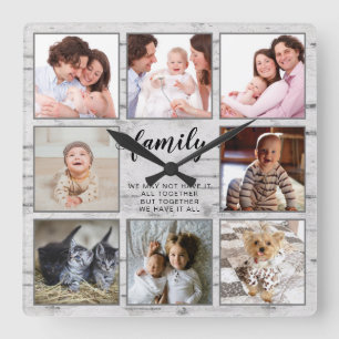 Horloge Carrée Collage de photos personnalisé pour famille rustiq