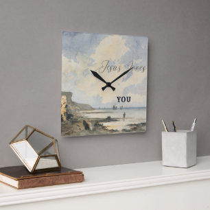 Horloge Carrée Collage de plage à l'aquarelle côtière 'Jésus vous