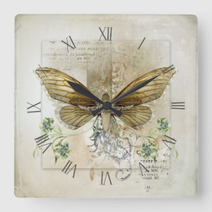 Horloge Carrée collage papillon vintage