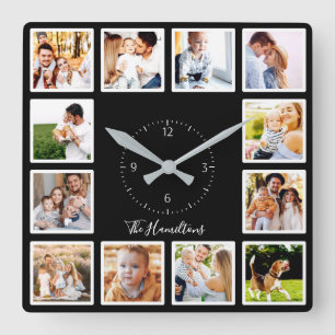 Horloge Carrée Collage personnalisé noir blanc de 12 photos sur m