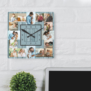 Horloge Carrée Collage photo 16 images Bois bleu côtier