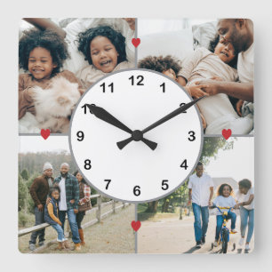 Horloge Carrée Collage photo avec des coeurs mignons