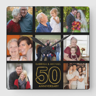 Horloge Carrée Collage photo Black And Gold 8 50e anniversaire