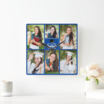 Horloge Carrée Collage photo Blue Graduate 2025 Graduation person<br><div class="desc">Cette horloge murale couleur bleu moderne pour étudiants de deuxième cycle présente vos 6 photos préférées d'étudiants. Ce cadeau de remise de diplômes tient compte de la typographie blanche et classe de votre nom de lycée ou de collège pour la classe de 2025. Customisez ce design avec votre année de...</div>
