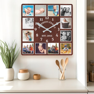 Horloge Carrée Collage photo de 12 Mahogany Rustique Maison de Fe