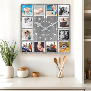 Horloge Carrée Collage photo de 12 Rustic Gray Barn Wood Farmhous