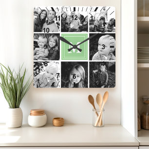 Horloge Carrée Collage photo de famille à monogramme Mint