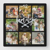 Horloge Carrée collage photo de famille écriture moderne noir (Recto)