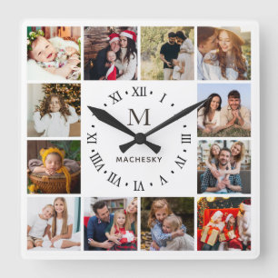 Horloge Carrée Collage photo de la famille Monogramme