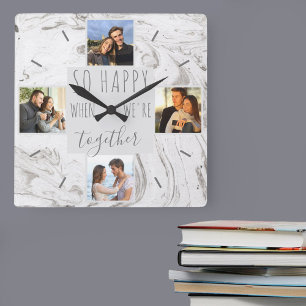 Horloge Carrée Collage photo de marbre chic Heureux ensemble