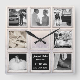 Horloge Carrée Collage Photo De Mariage D'Hiver Ou Neige Annivers