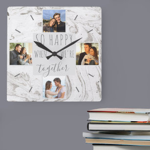 Horloge Carrée Collage photo en marbre chic Happy Together