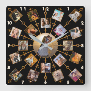 Horloge Carrée Collage Photo Famille 21 Photos Joli Black Gold