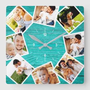 Horloge Carrée Collage Photo Famille Rustic Chic Farmhouse Turquo