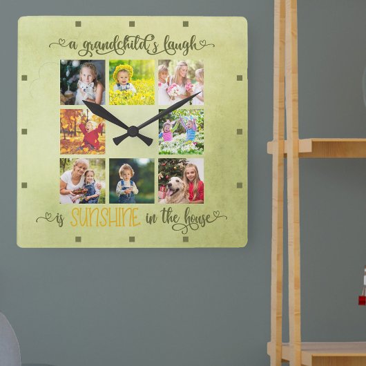 Horloge Carrée Collage photo Grand-parents Rustic Green Watercolo