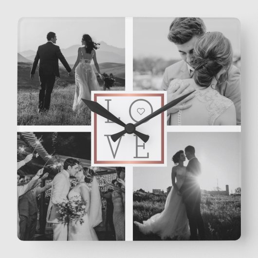 Horloge Carrée Collage photo mariage Love Black & White (Recto)