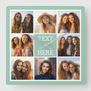 Horloge Carrée Collage photo Monogramme personnalisé vert menthe