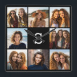 Horloge Carrée Collage photo noir massif Monogramme personnalisé<br><div class="desc">Ajoutez 8 photos et du texte personnalisé pour créer un souvenir unique pour votre mur. L'art comprend 8 images entourant une zone de texte où vous pouvez ajouter un monogramme ou un autre texte.</div>
