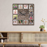 Horloge Carrée Collage photo personnalisé 12 Bois Brown rustique<br><div class="desc">Créez votre propre horloge murale de collage photo avec 12 de vos photos préférées. L'horloge à cadre photo vous aide à chérir vos moments spéciaux et fait aussi un cadeau réfléchi aux parents, grands-parents et amis. L'horloge familiale personnalisée en fait un cadeau idéal pour toutes les occasions. Personnalisez-vous avec le...</div>