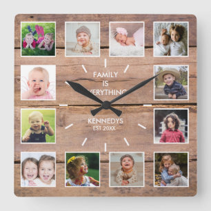 Horloge Carrée Collage photo personnalisé 12 Bois Brown rustique
