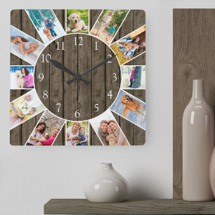 Horloge Carrée Collage photo personnalisé 12 Bois foncé rustiqu