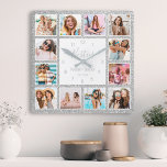 Horloge Carrée Collage photo personnalisé Besties Parties scintil<br><div class="desc">Faites de cette horloge murale élégante en faux parties scintillant blanc et argent à la mode unique avec 12 de vos photos préférées avec votre meilleur(s) ami(s). Le design comprend également un script "Besties" écrit à la main,  vos noms et la date que vous avez rencontrée.</div>