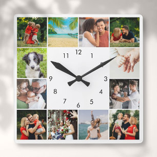 Horloge Carrée Collage photo personnalisé de 12 familles