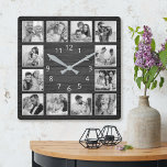 Horloge Carrée Collage photo personnalisé Élégante famille de boi<br><div class="desc">Personnalisez facilement cette planche en bois noir élégant style horloge murale avec vos photos personnalisées. Le modèle utilise un filtre photo noir et blanc pour créer un look plus coordonné. Pour obtenir de meilleurs résultats, recadrez les images vers le carré - avec le point de mire au centre - avant...</div>