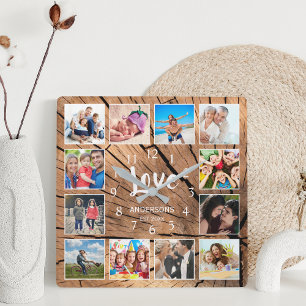 Horloge Carrée Collage photo personnalisé Family Love Wood Log