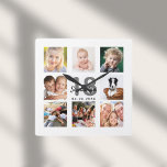 Horloge Carrée Collage photo personnalisé pour les 18 ans d'une f<br><div class="desc">Une horloge murale en cadeau pour les 18 ans d'une fille, jeune femme, célébrant sa vie avec un collage de 8 de vos photos. Personnalisez et ajoutez un nom, âge 18 ans et une date. Date de naissance ou date de l'anniversaire. Lettres de couleur noire et grise. Un fond blanc...</div>