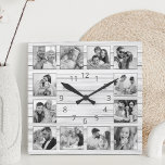 Horloge Carrée Collage photo personnalisé White Elegant Wood Fami<br><div class="desc">Personnalisez facilement cette horloge murale élégante en planches blanches avec vos photos personnalisées. Le modèle utilise un filtre photo noir et blanc pour créer un look plus coordonné. Pour obtenir de meilleurs résultats, recadrez les images vers le carré - avec le point de mire au centre - avant de les...</div>