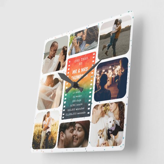 Horloge Carrée Collage photo Sunset Mr et Mrs 1er Anniversaire (Angle)