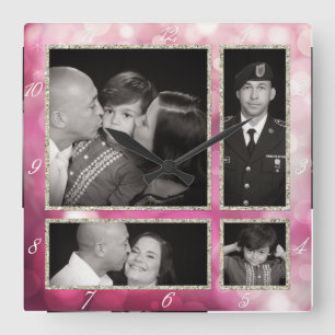 Horloge Carrée Collage photographique Four Rose Bokeh Sparkle Gli