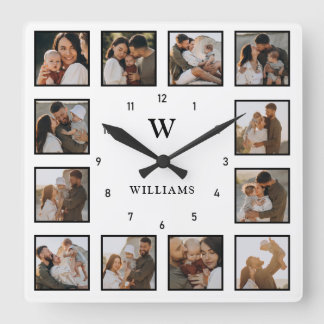 Horloge Carrée Collage simple en noir et blanc de 12 photos avec 