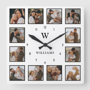 Horloge Carrée Collage simple noir et blanc 12 photos Nom initial
