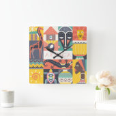 Horloge Carrée Collage symbolique africain d'art (Maison)