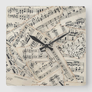 Horloge Carrée Collage vintage de papier de musique de feuille