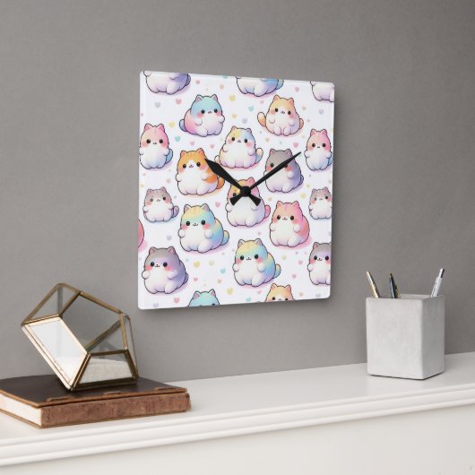 Horloge Carrée Collection Chubby Cartoon Chat Avec Coeurs (Bureau)