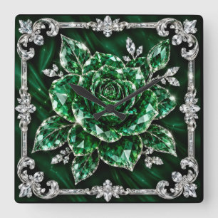 Horloge Carrée collection de fleurs en cristal d'émeraude royale