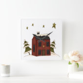 Horloge Carrée Colonial rouge primitif dans la neige (Maison)