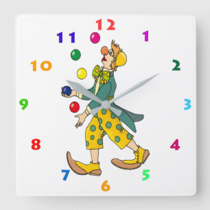 HORLOGE CARRÉE COLORÉ JUGGLING CLOWN