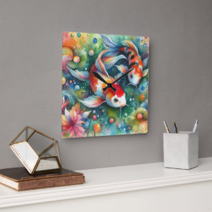 Horloge Carrée Coloré Koi Poisson Whimsical Aquarelle Orange Turq